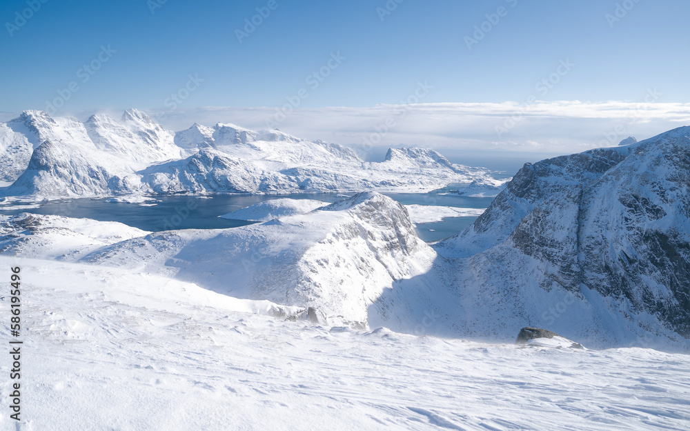 Top of Ryten mountain peak in winter season, Lofoten island, Nordland Norway, Scandinavia, Europe