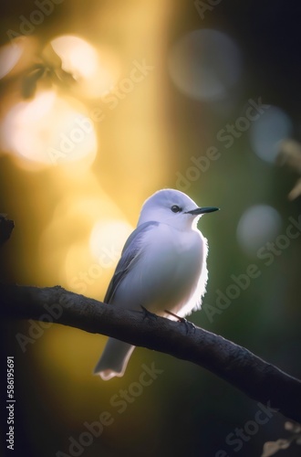 Tiny white bird sits on the branch in the forest. Blur background, focus on the bird. Generative AI.