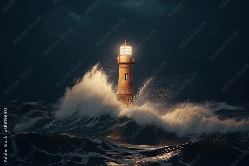 lighthouse shines brightly in the dark in a raging sea ai generated