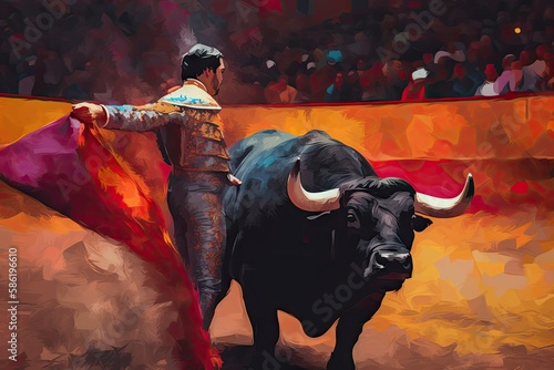 Matador bullfighter fights bull in the arena art illus ai generated