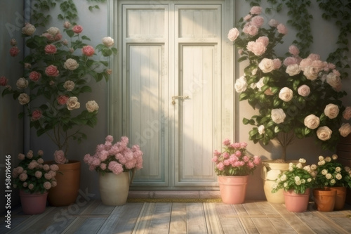 Background. Wooden door and roses, pastel colors. AI generative.