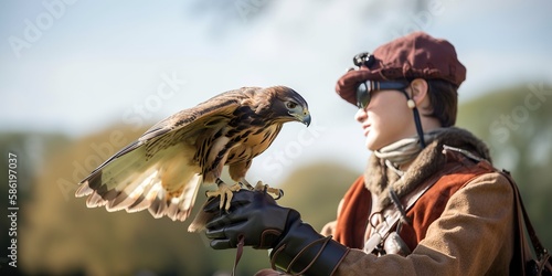 person practicing the ancient art of falconry skillfully handling a majestic bird of prey, concept of Traditional Hunting and Wildlife Conservation, created with Generative AI technology