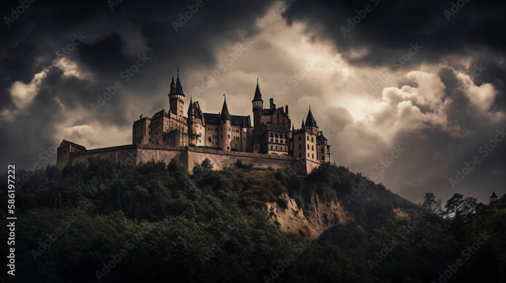 Medieval castle in the night on dark day generative ai Medieval castle in the night on dark day generative ai