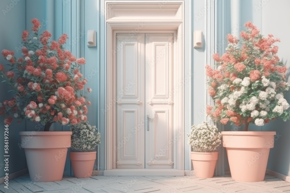 Background. Wooden door and flowers, pastel colors. AI generative.