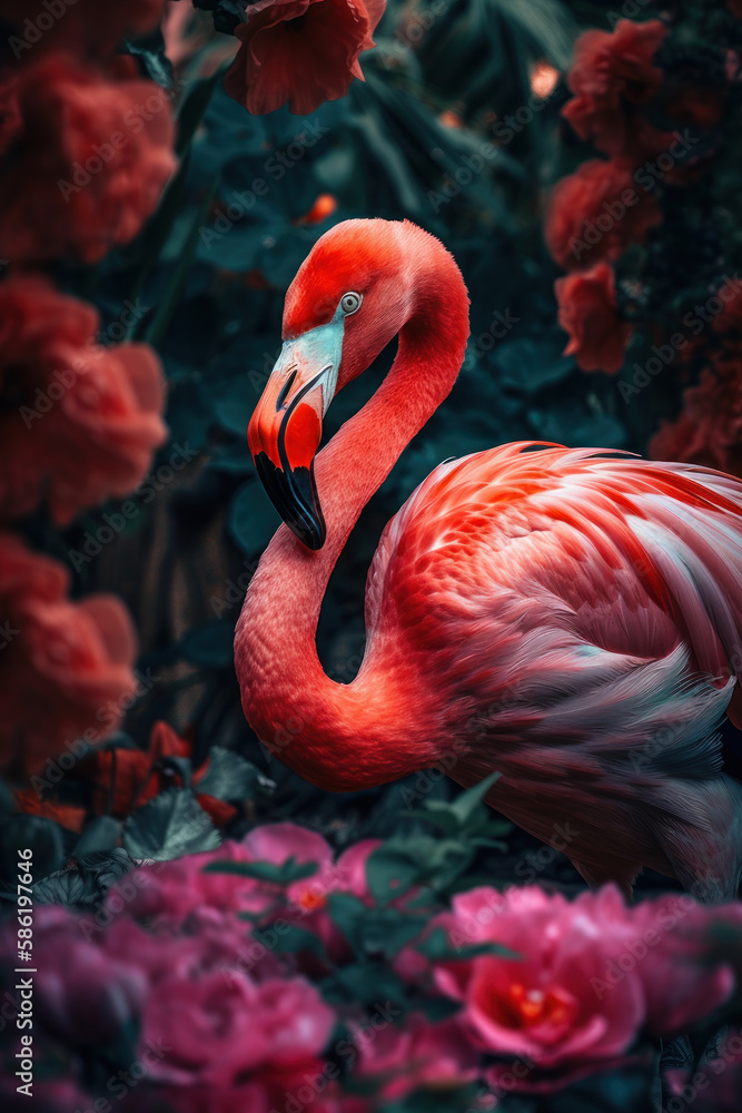 Obraz premium Flamingo in tropical nature forrest abstract background. Animal and environment concept. Generative ai