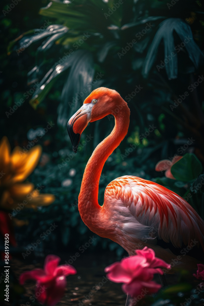 Fototapeta premium Flamingo in tropical nature forrest abstract background. Animal and environment concept. Generative ai