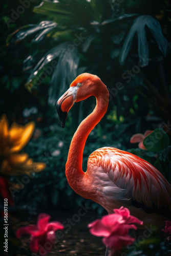 Flamingo in tropical nature forrest abstract background. Animal and environment concept. Generative ai