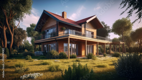 Modern house. Illustration AI Generative. © olegganko