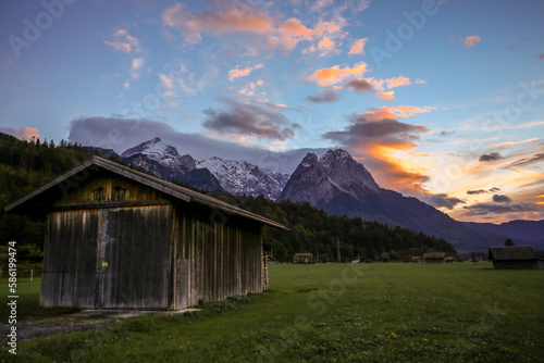 Neighborhood of Garmisch Partenkirchen. View of the Zugspitze by sunset