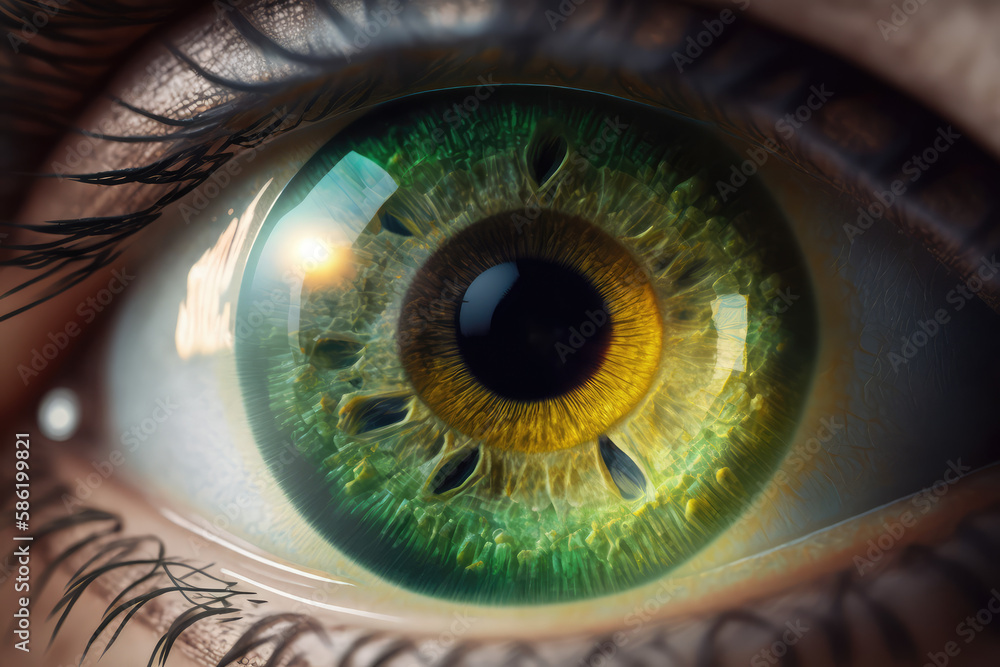 Human eye ball capture zoom. Closeup beauty macro shot of a green eye. Generative AI art.