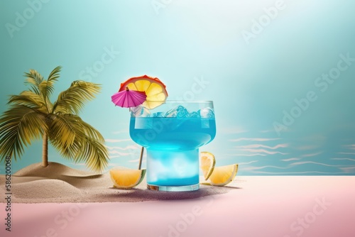 Minimal concept of tropical summer refreshment  delicious cold exotic drink on the beach. Cocktail beverage  alcoholic or non-alcoholic. Generative AI.
