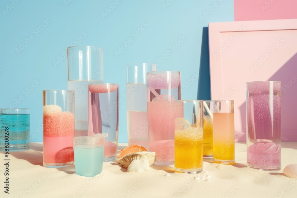Minimal concept of tropical summer refreshment, delicious cold exotic drink on the beach. Cocktail beverage, alcoholic or non-alcoholic. Generative AI. Minimal concept of tropical summer refreshment, delicious cold exotic drink on the beach. Cocktail beverage, alcoholic or non-alcoholic. Generative AI.