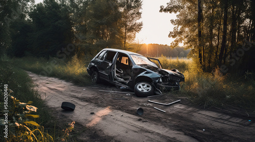 Car accident on the road in the forest at sunset. Road accident. Generative AI