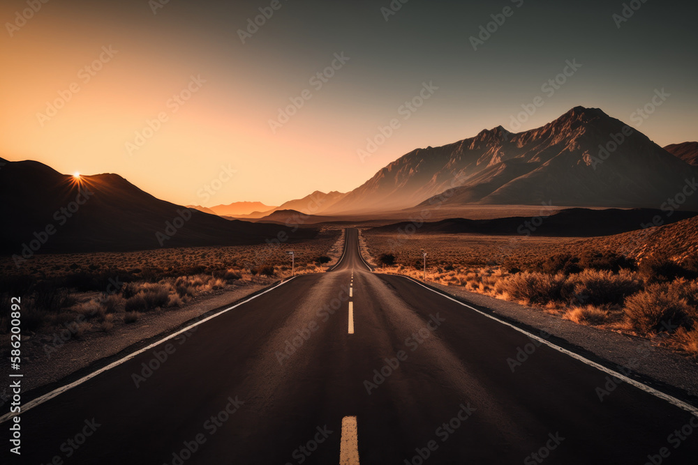 Empty road at nature landscape abstract background. Travel vacation and adventure concept. Generative ai