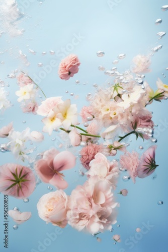 Underwater creative love concept of fresh Spring flowers in blue water background. Love is in the water  Generative AI.