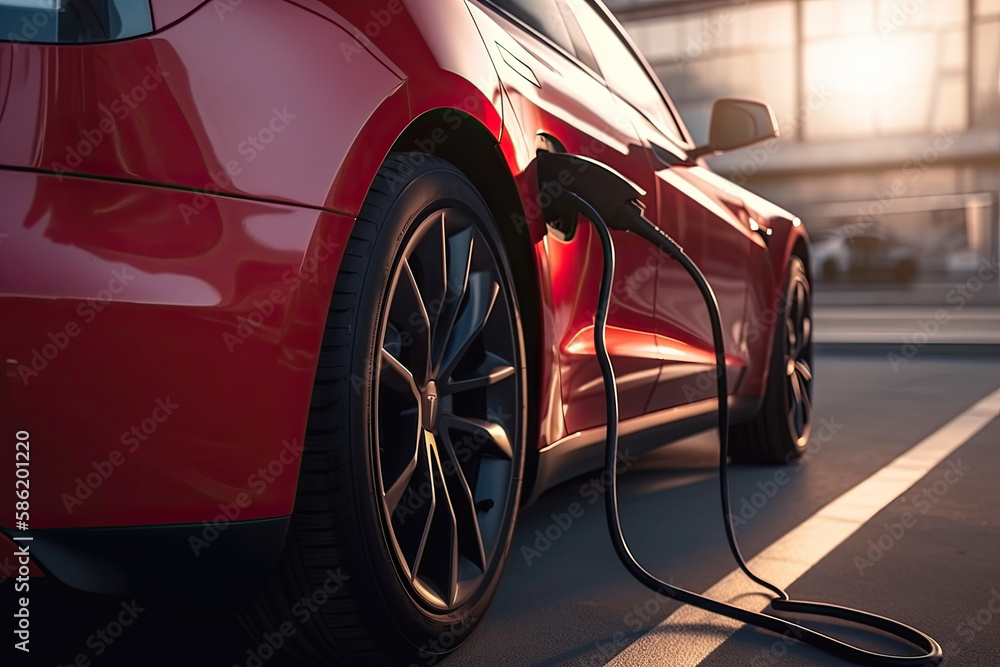 Charging an electric car with a power cable in the parking lot, Generative AI