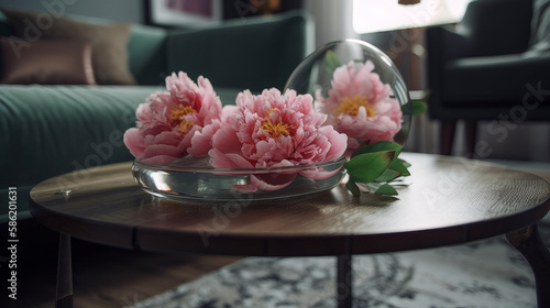 Peony flowers in interior. Illustration AI Generative.