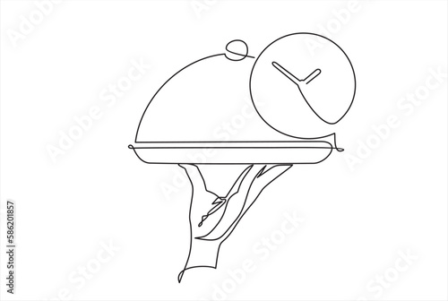 Serve Clock. One continuous line drawing. The waiter carries clock on a tray. Food in a restaurant. A hand holds a tray. Line Art 