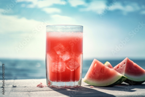 Watermelon juice on tropical beach abstract background. Drink and summer concept. Generative ai
