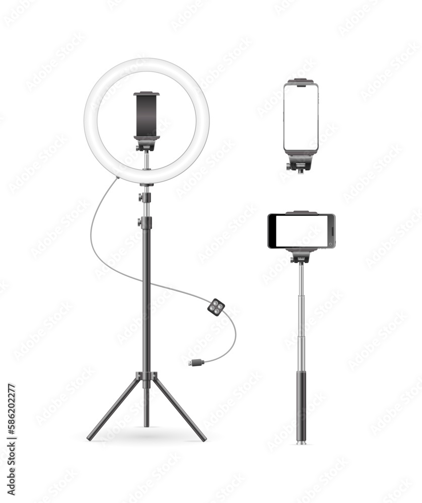 Realistic Detailed 3d Led Ring Lamp and Monopod Set Phone Holder for Live Stream. Vector illustration