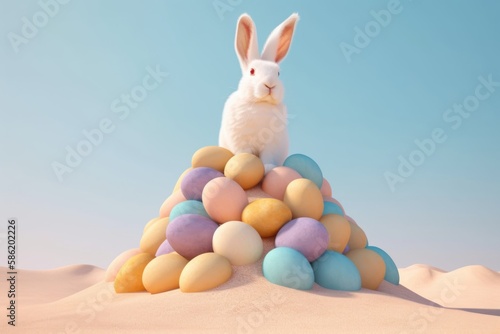 Abstract Spring landscape of a pile of painted, decorated pastel Easter eggs and big rabbit on the top of it, in the middle of a hot desert on the sand. Generative AI.