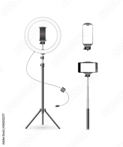 Realistic Detailed 3d Led Ring Lamp and Monopod Set Phone Holder for Live Stream. Vector illustration