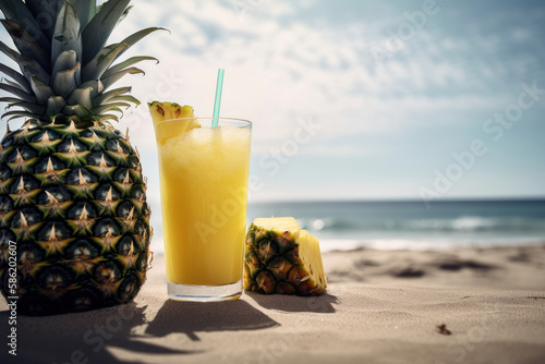 Pineapple juice on tropical beach abstract background. Drink and summer concept. Generative ai