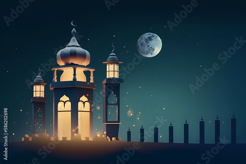 Ramadan kareem background with moon night view and mosque, lantern background Illustration Generative ai