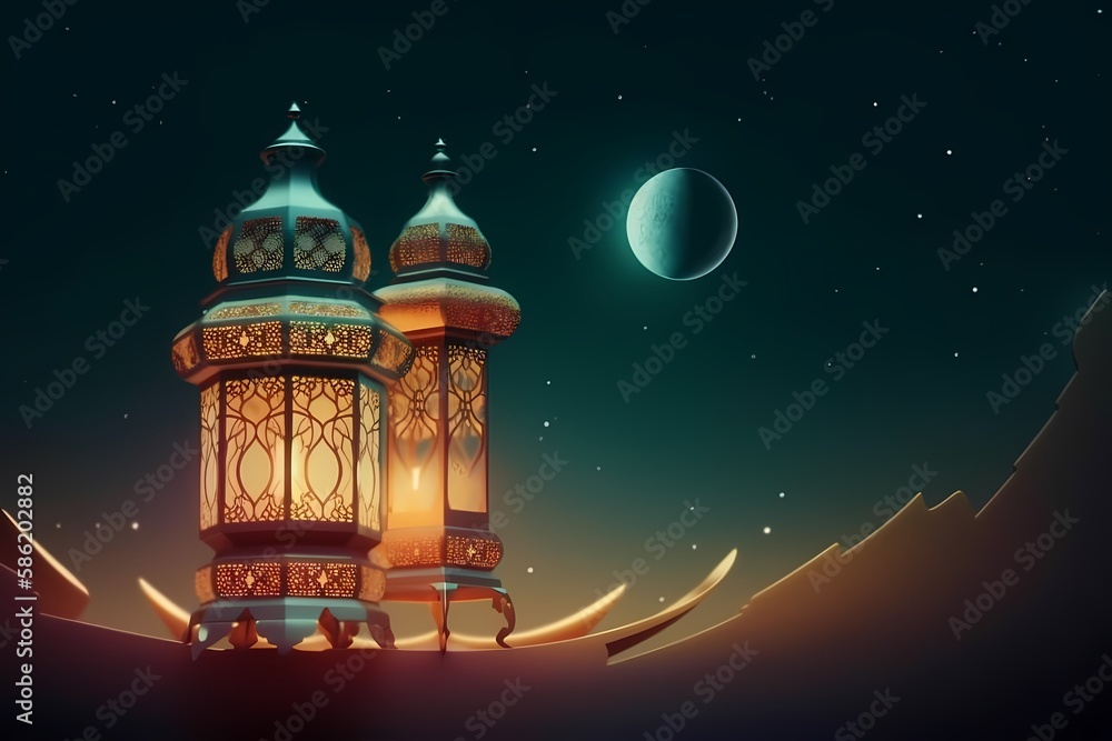 Ramadan kareem background with moon night view and mosque, lantern background Illustration Generative ai Ramadan kareem background with moon night view and mosque, lantern background Illustration Generative ai