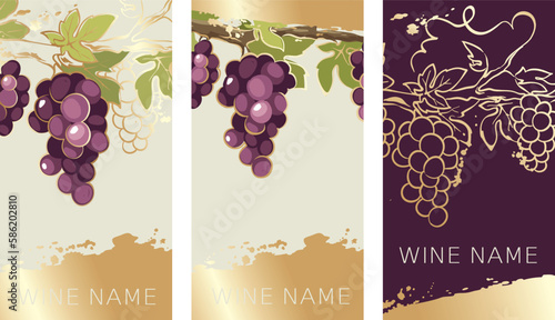 Collection labels for red wine. Vector illustration, set of backgrounds with gold patterns and gold strokes.	