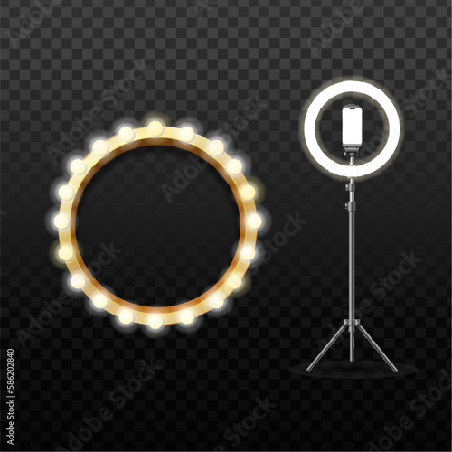 Realistic Detailed 3d Led Ring Lamp and Circle Mirror Set on a Transparent Background. Vector illustration