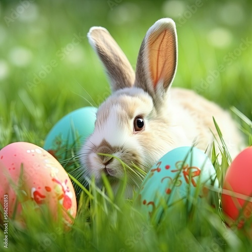 Easter bunny with colorful eggs on green grass created with Generative AI technology.