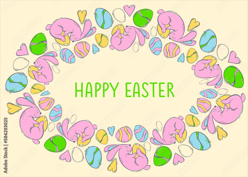 Greeting card mockup with decorative frame with easter bunnies and colored eggs on yellow background. Spring holiday with a hare and a decorated egg. Vector illustration in flat style. Greeting card mockup with decorative frame with easter bunnies and colored eggs on yellow background. Spring holiday with a hare and a decorated egg. Vector illustration in flat style.