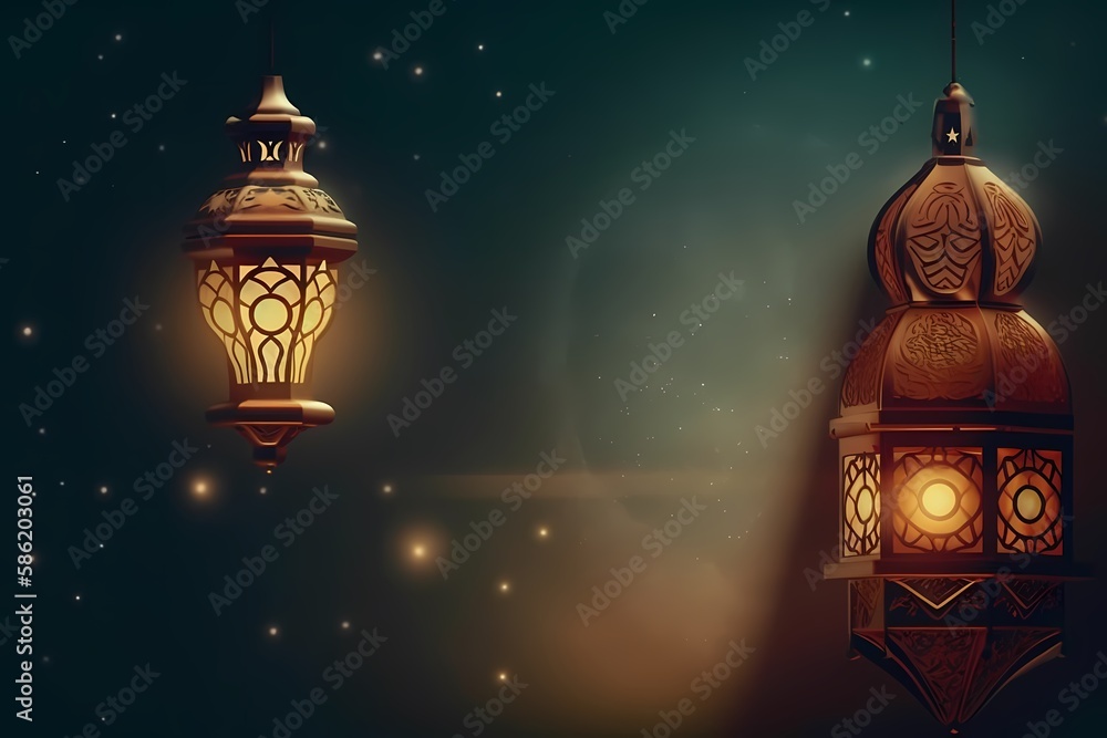 Ramadan kareem background with moon night view and mosque, lantern background Illustration Generative ai Ramadan kareem background with moon night view and mosque, lantern background Illustration Generative ai