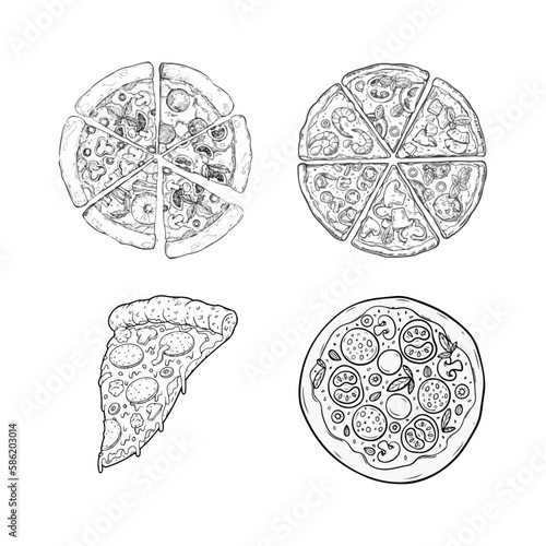 Hand drawn sketch style pizza set. Different types of pizza. Whole and pieces with melted cheese. Best for menu design and packaging. Vector illustrations.