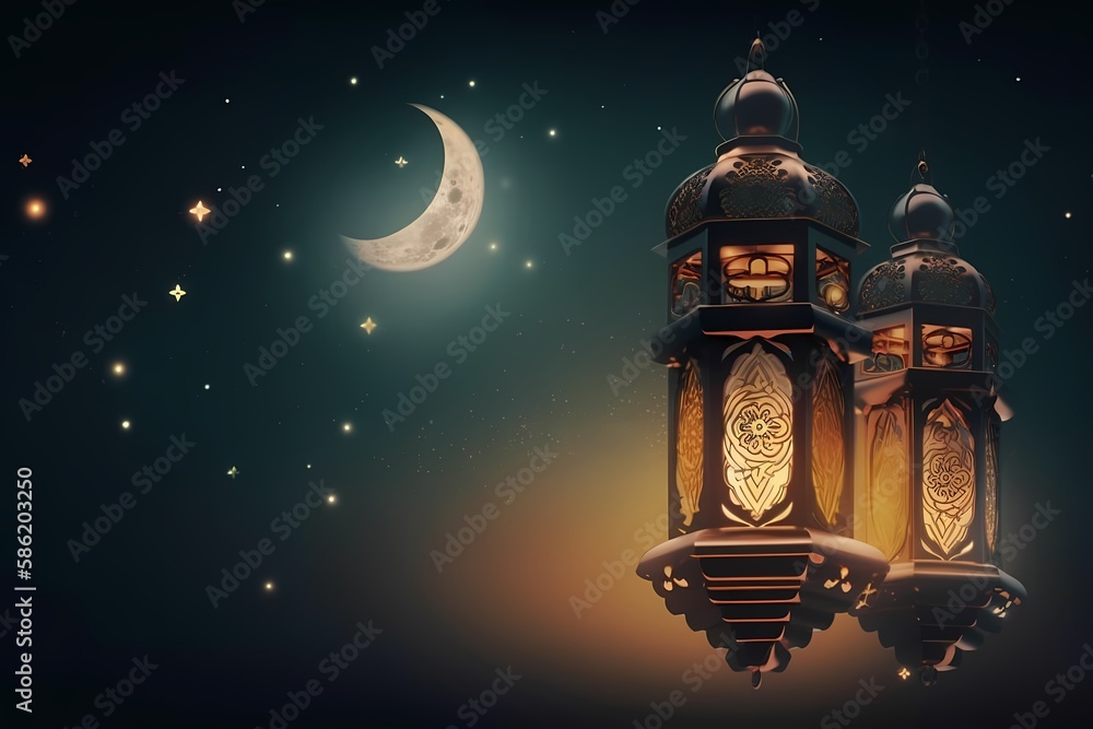 Ramadan kareem background with moon night view and mosque, lantern background Illustration Generative ai Ramadan kareem background with moon night view and mosque, lantern background Illustration Generative ai