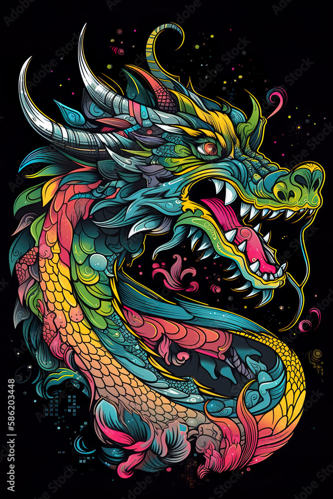 Colorful dragon sticker, t-shirt design, linerart. Generative ai