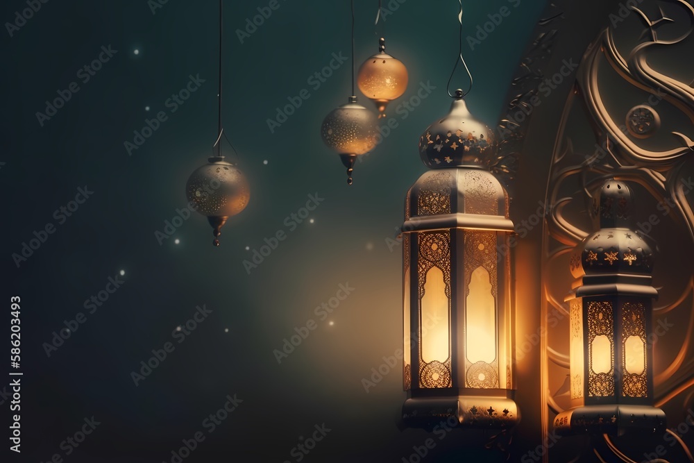 Ramadan kareem background with moon night view and mosque, lantern background Illustration Generative ai