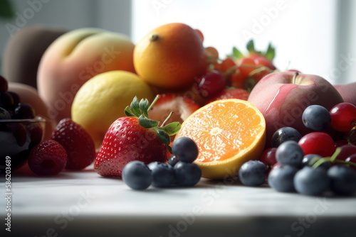 Fresh fruits on table with light from window abstract background. Food and healthy concept. Generative ai