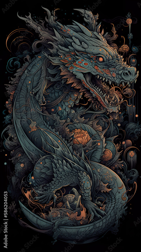 Fototapeta premium Dragon illustration, detailed t-shirt design. Generative ai