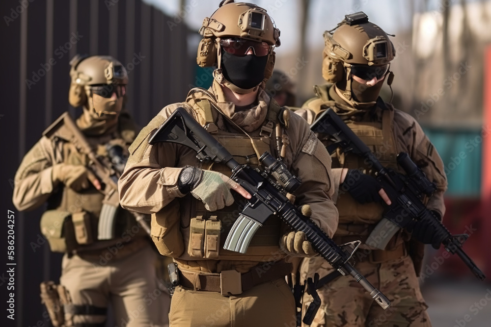Fototapeta premium special forces soldiers in action in a theater of war. Generative AI