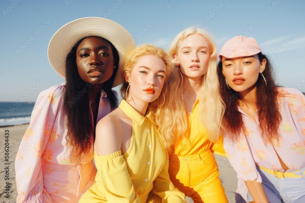 Young girls, beautiful happy friends people at a party on the beach, on the sea shore enjoying and laughing with music on the hot sand on a sunny day. Generative AI. Young girls, beautiful happy friends people at a party on the beach, on the sea shore enjoying and laughing with music on the hot sand on a sunny day. Generative AI.