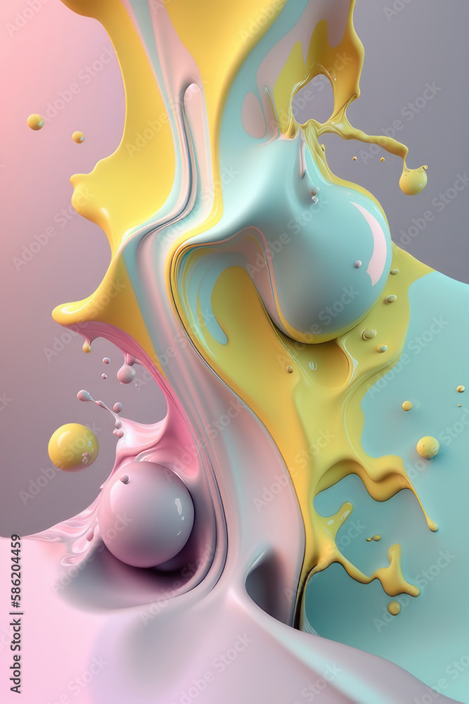Fototapeta premium Abstract background. Splashes of paint, pastel colors, yellow, pink and blue. Vertical background. AI generative.