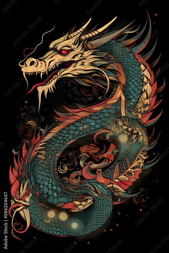 Dragon illustration, detailed t-shirt design. Generative ai