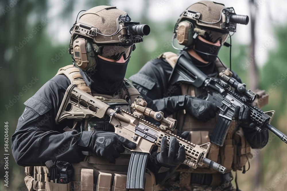 special forces soldiers in action in a theater of war. Generative AI special forces soldiers in action in a theater of war. Generative AI