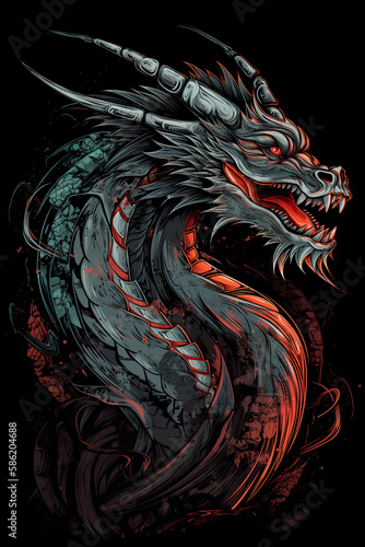 Dragon illustration, detailed t-shirt design. Generative ai