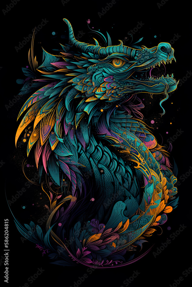 Dragon illustration, detailed t-shirt design. Generative ai