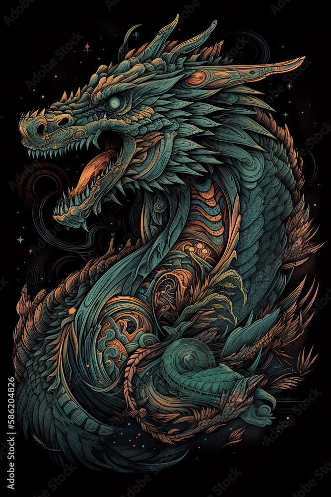 Dragon illustration, detailed t-shirt design. Generative ai Dragon illustration, detailed t-shirt design. Generative ai
