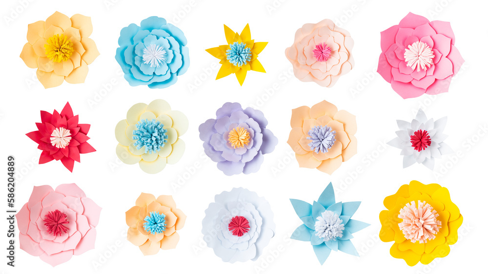 Paper craft flowers design elements cut out on transparent background Paper craft flowers design elements cut out on transparent background
