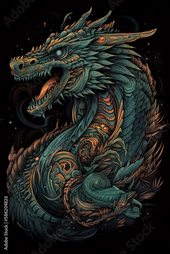 Dragon illustration, detailed t-shirt design. Generative ai © Robbot17